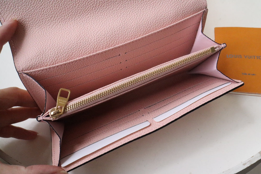 Louis Vuitton Luxury Pink Embossed Leather Envelope Long Wallet with Snap Closure