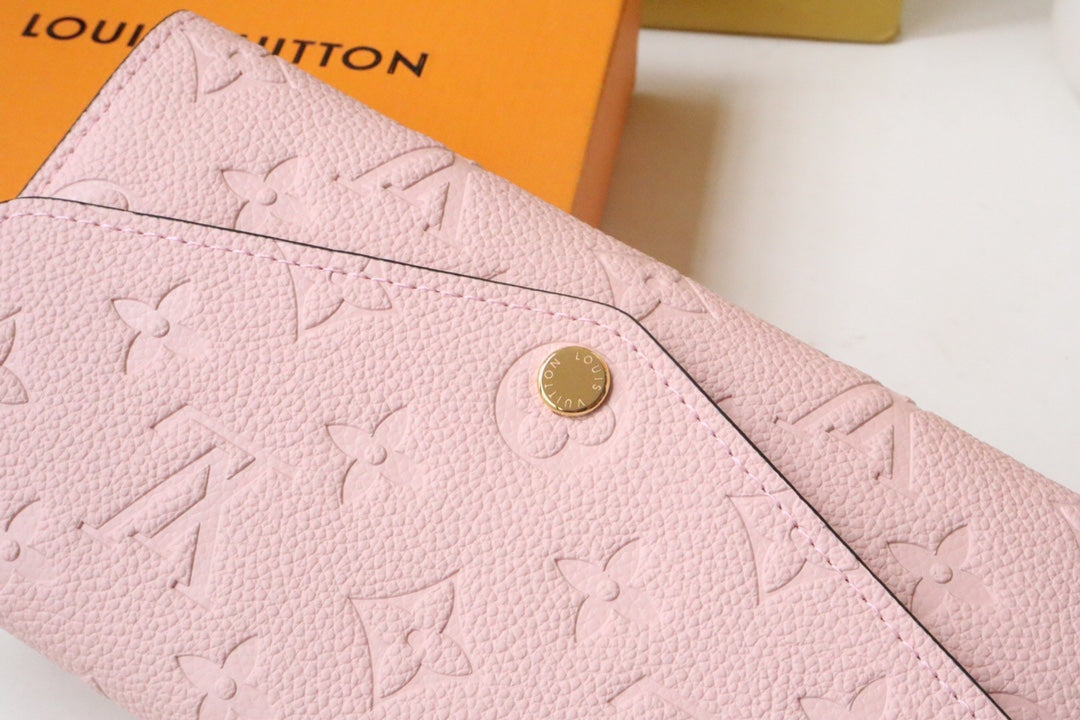 Louis Vuitton Luxury Pink Embossed Leather Envelope Long Wallet with Snap Closure