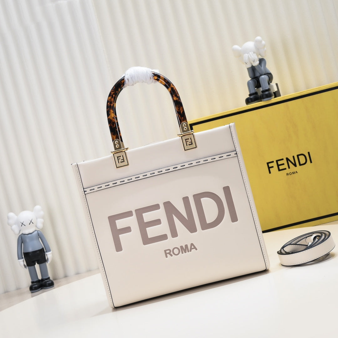 Fendi Sunshine Medium Shopper Bag - White Canvas Tote with Tortoiseshell Handles