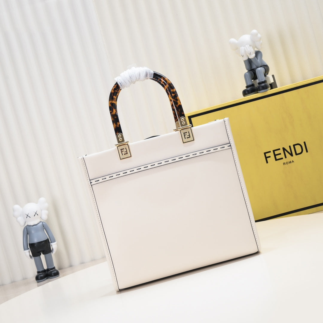 Fendi Sunshine Medium Shopper Bag - White Canvas Tote with Tortoiseshell Handles