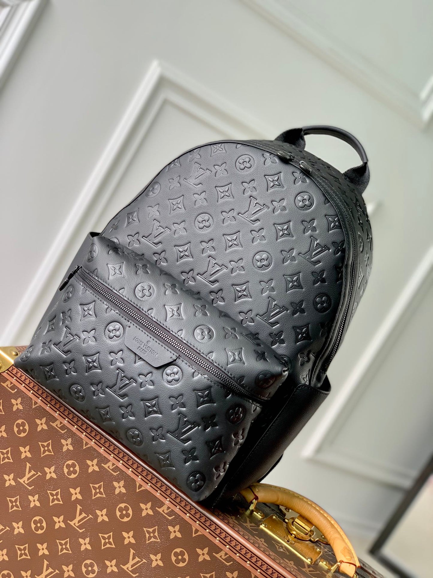 Louis Vuitton Matte Black Embossed Leather Monogram Pattern Unisex Backpack