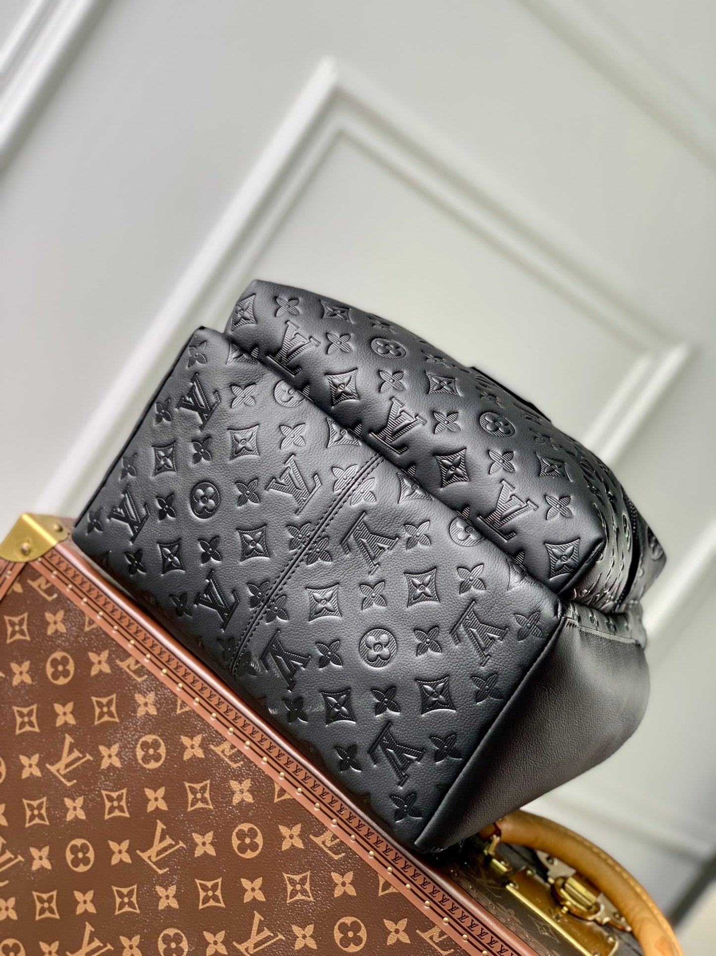Louis Vuitton Matte Black Embossed Leather Monogram Pattern Unisex Backpack