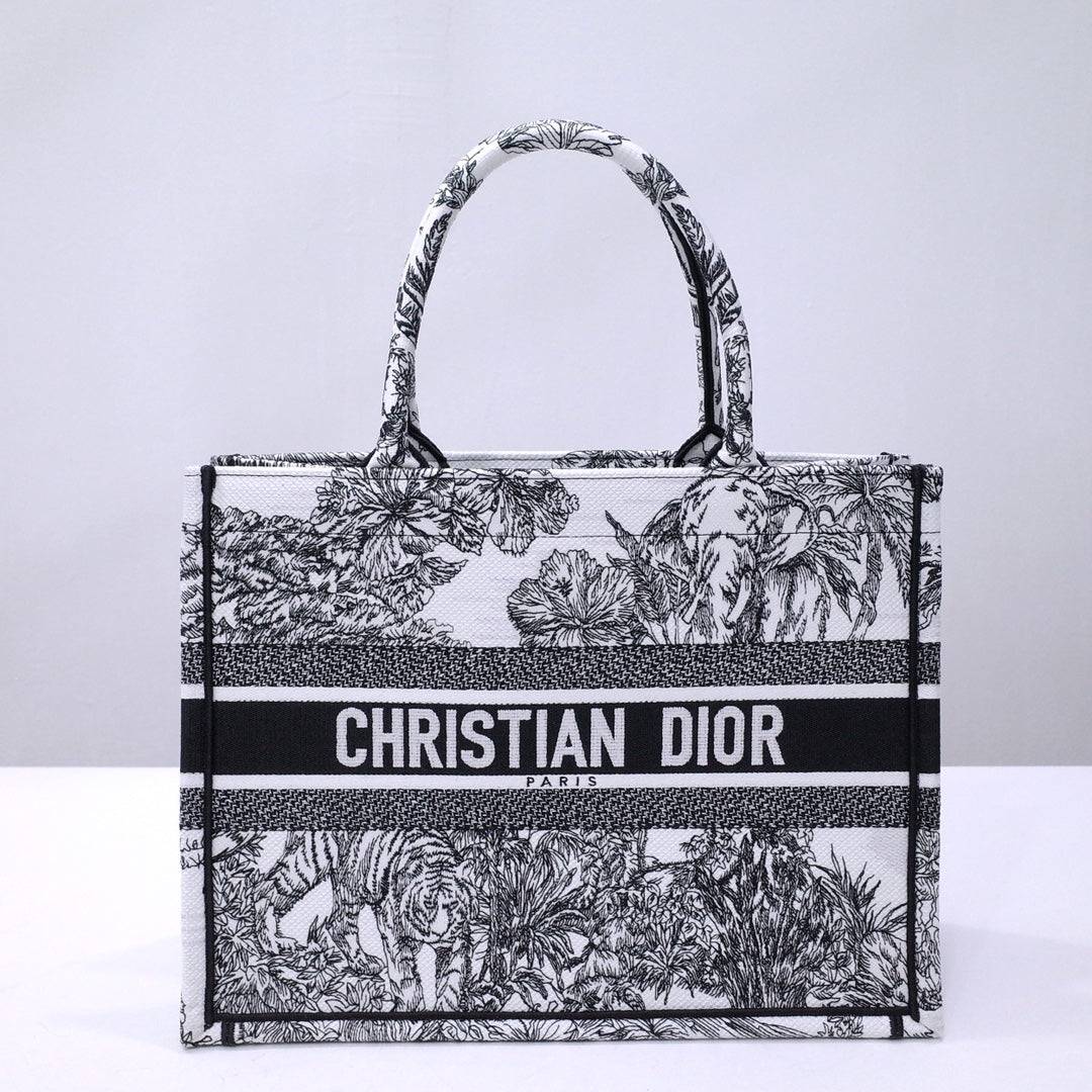 Dior Black and White Jungle Animal Print Canvas Tote Handbag