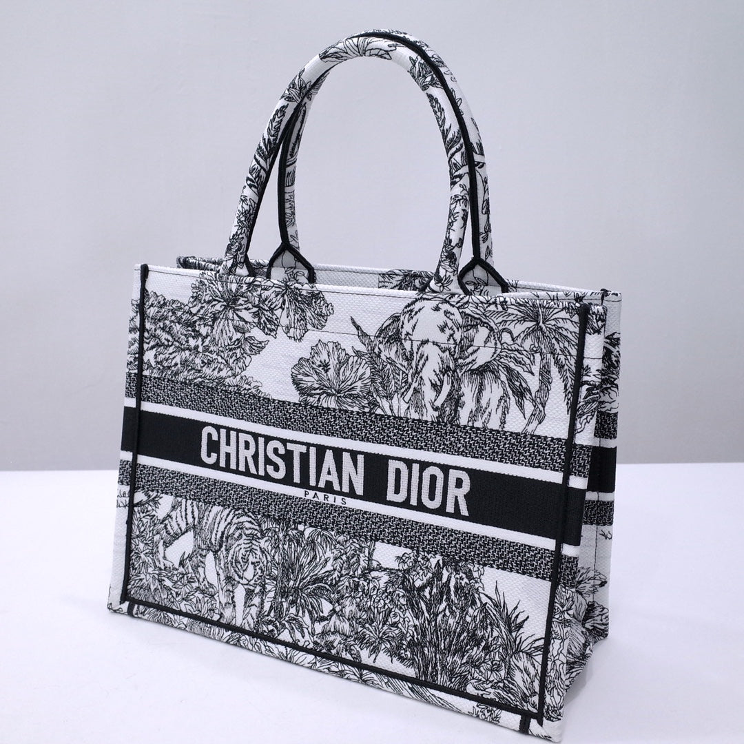 Dior Black and White Jungle Animal Print Canvas Tote Handbag
