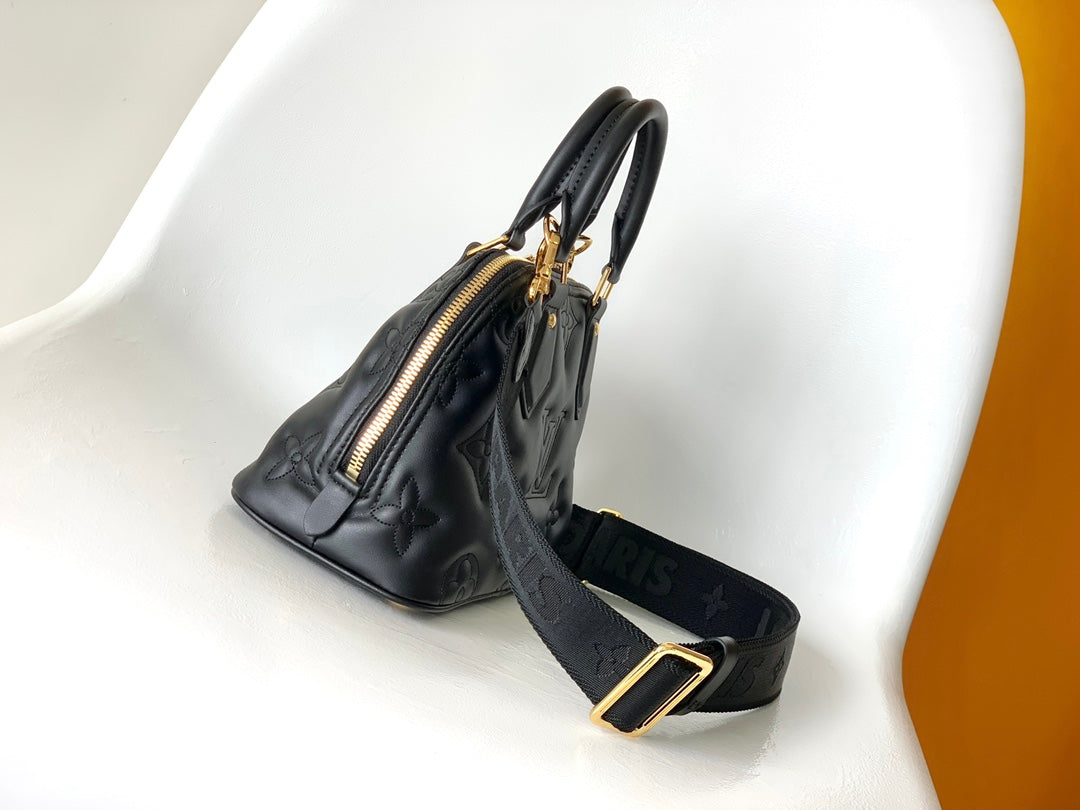 Louis Vuitton Black Embossed Quilted Leather Dome Handbag with Wide Strap