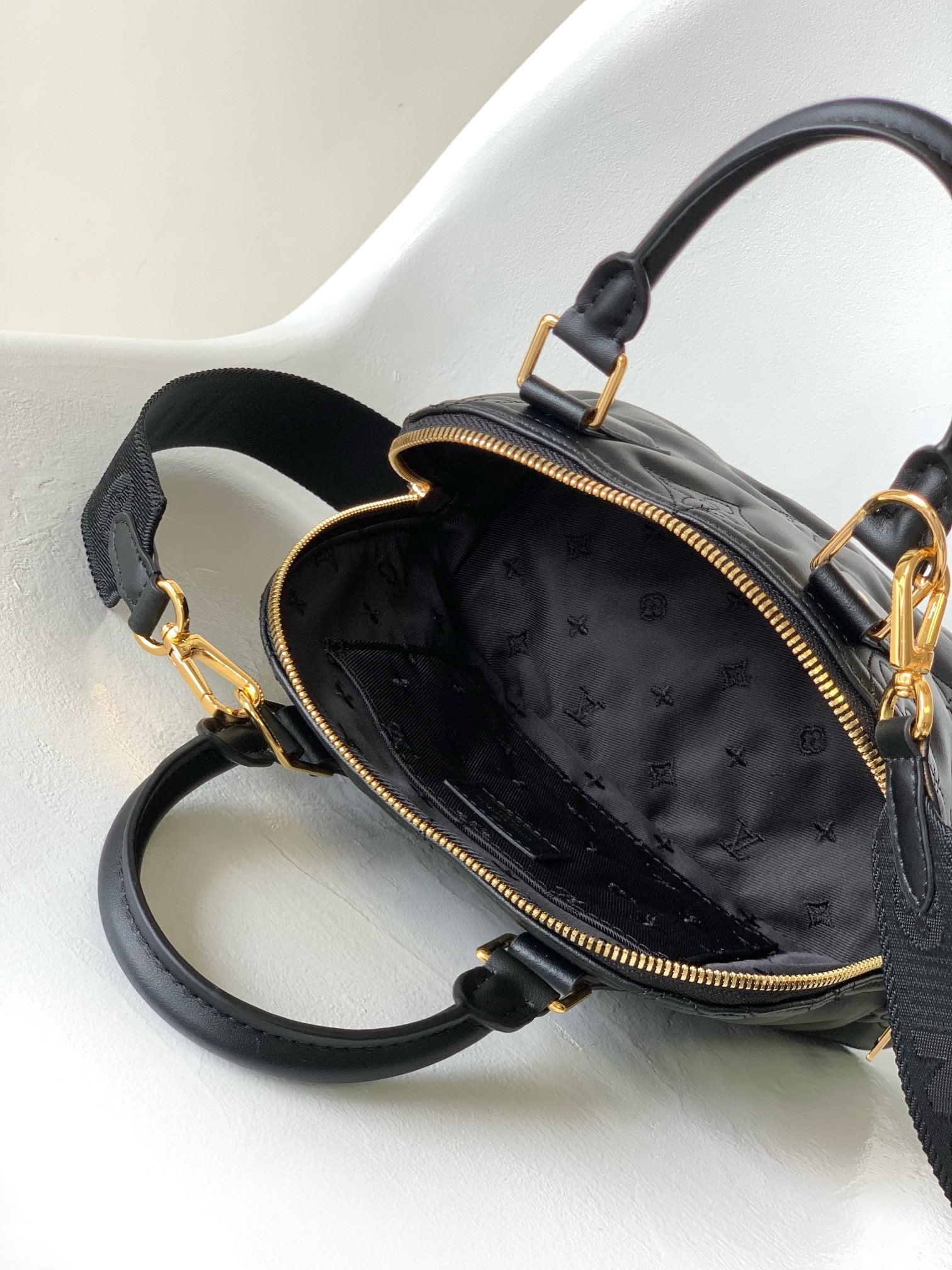 Louis Vuitton Black Embossed Quilted Leather Dome Handbag with Wide Strap