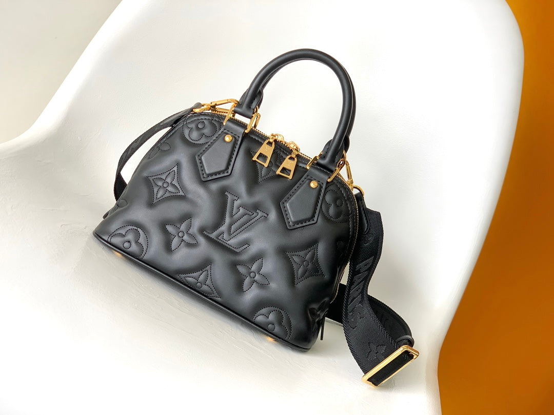 Louis Vuitton Black Embossed Quilted Leather Dome Handbag with Wide Strap