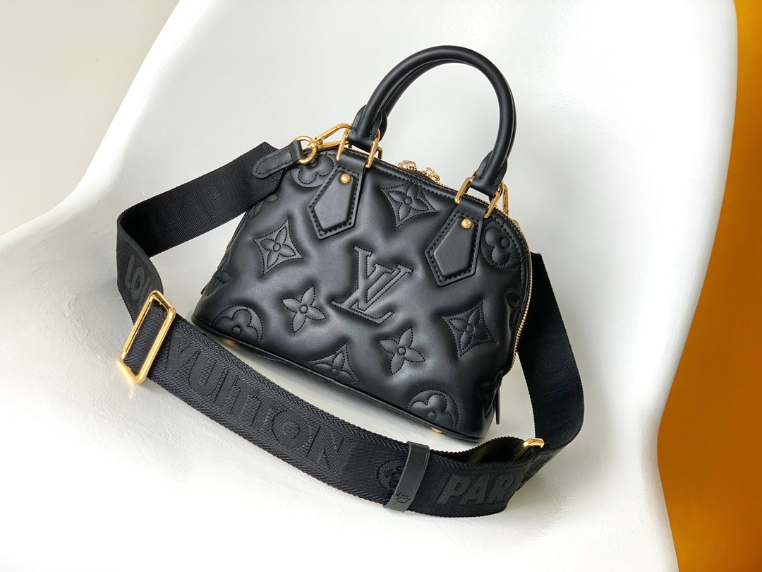 Louis Vuitton Black Embossed Quilted Leather Dome Handbag with Wide Strap
