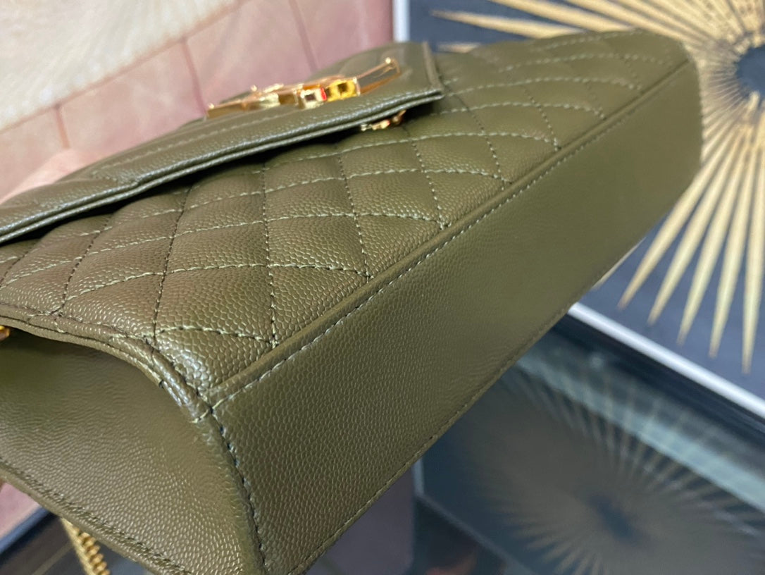 Saint Laurent Medium College Shoulder Bag in Olive Green Quilted Leather