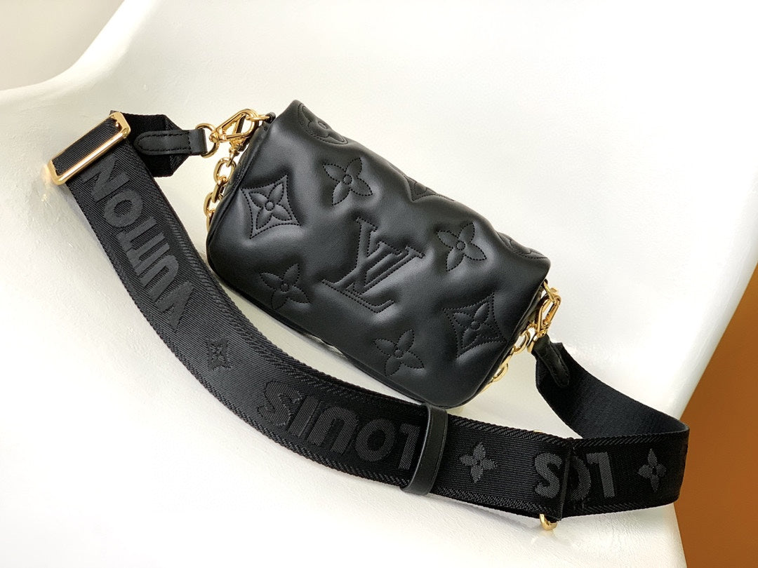 Louis Vuitton Black Quilted Chevron Crossbody Bag with Wide Strap and Gold Chain