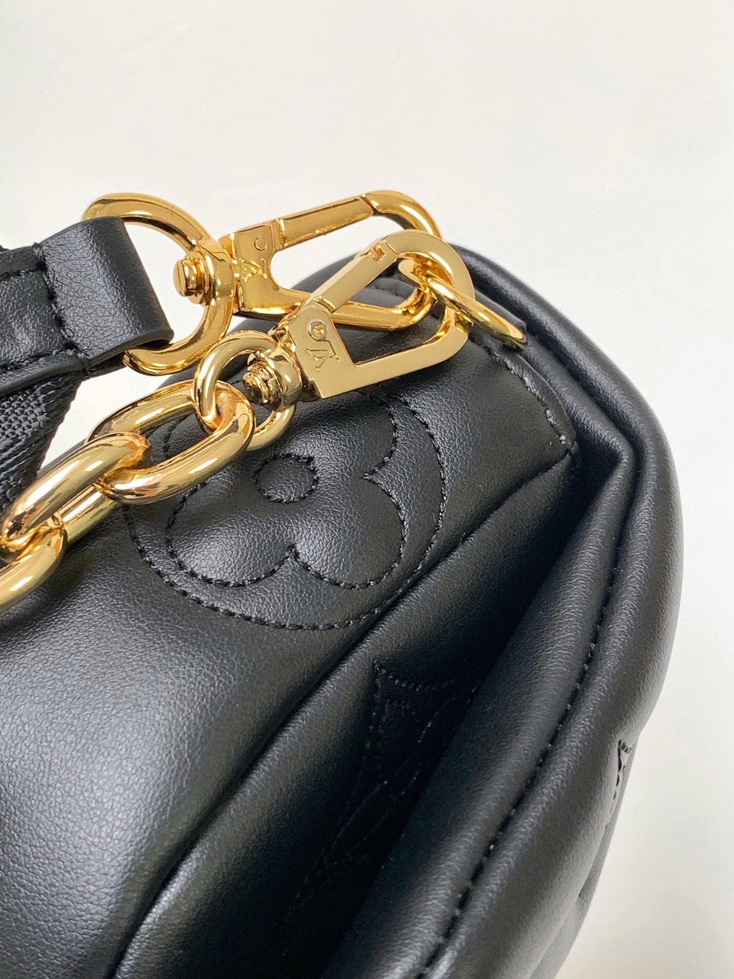 Women's Black Quilted Crossbody Shoulder Bag with Wide Webbing Strap & Gold Chain Detail