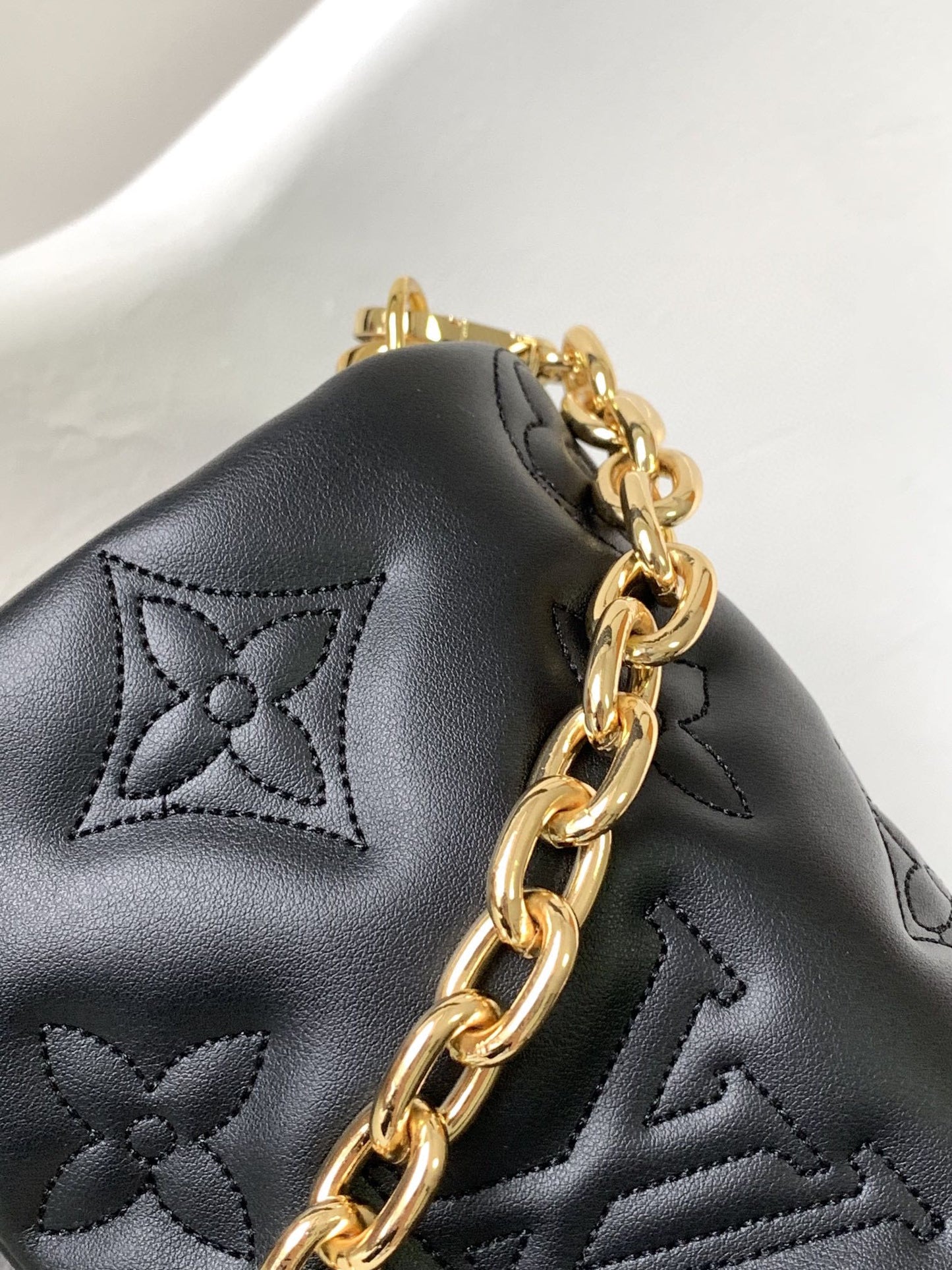 Women's Black Quilted Crossbody Shoulder Bag with Wide Webbing Strap &amp; Gold Chain Detail