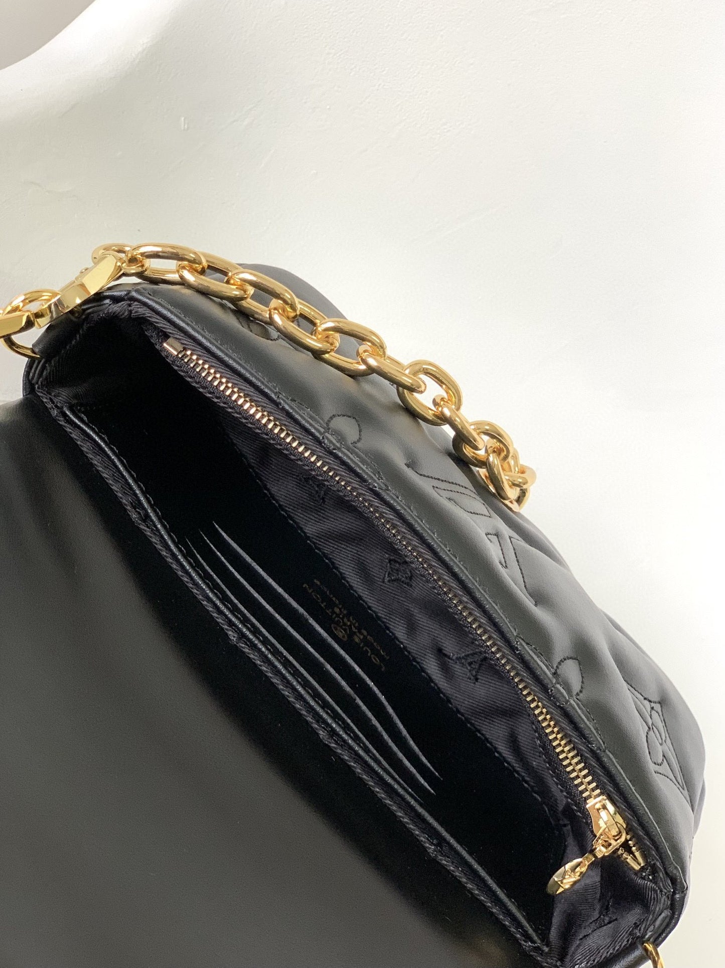 Women's Black Quilted Crossbody Shoulder Bag with Wide Webbing Strap &amp; Gold Chain Detail
