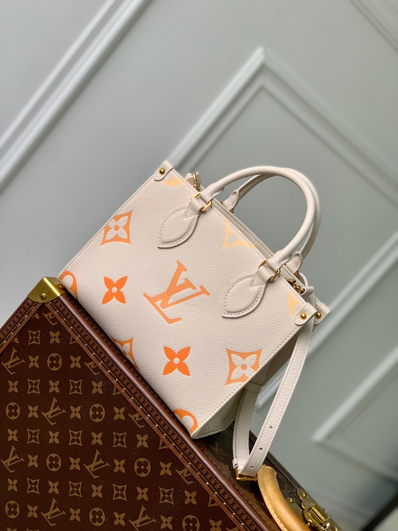 Louis Vuitton Cream and Orange Monogram Top Handle Leather Tote Bag