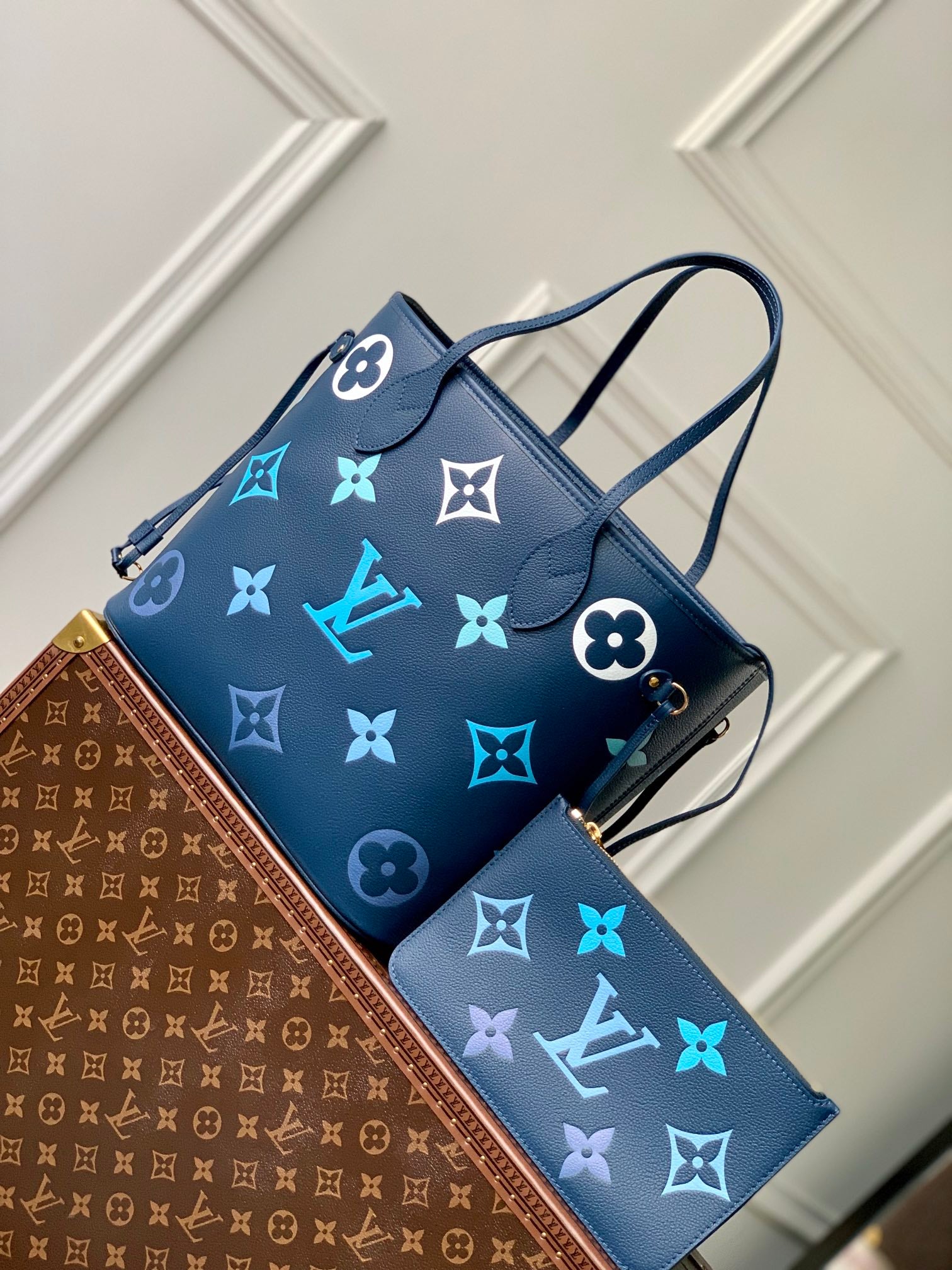Louis Vuitton Navy Blue Monogram Pattern Luxury Leather Tote Handbag