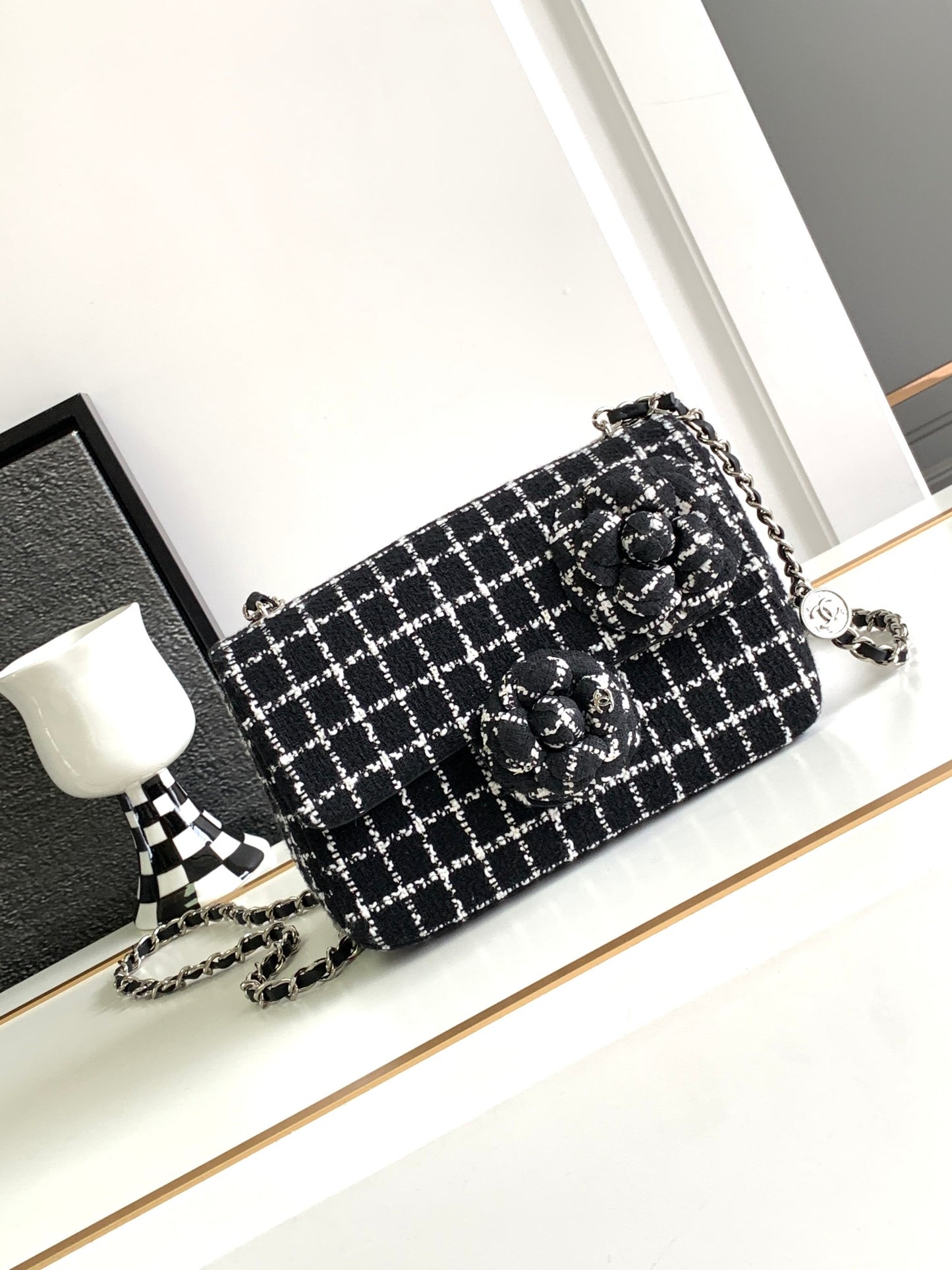 Elegant Black and White Tweed Checkered Shoulder Bag with Flower Embellishments