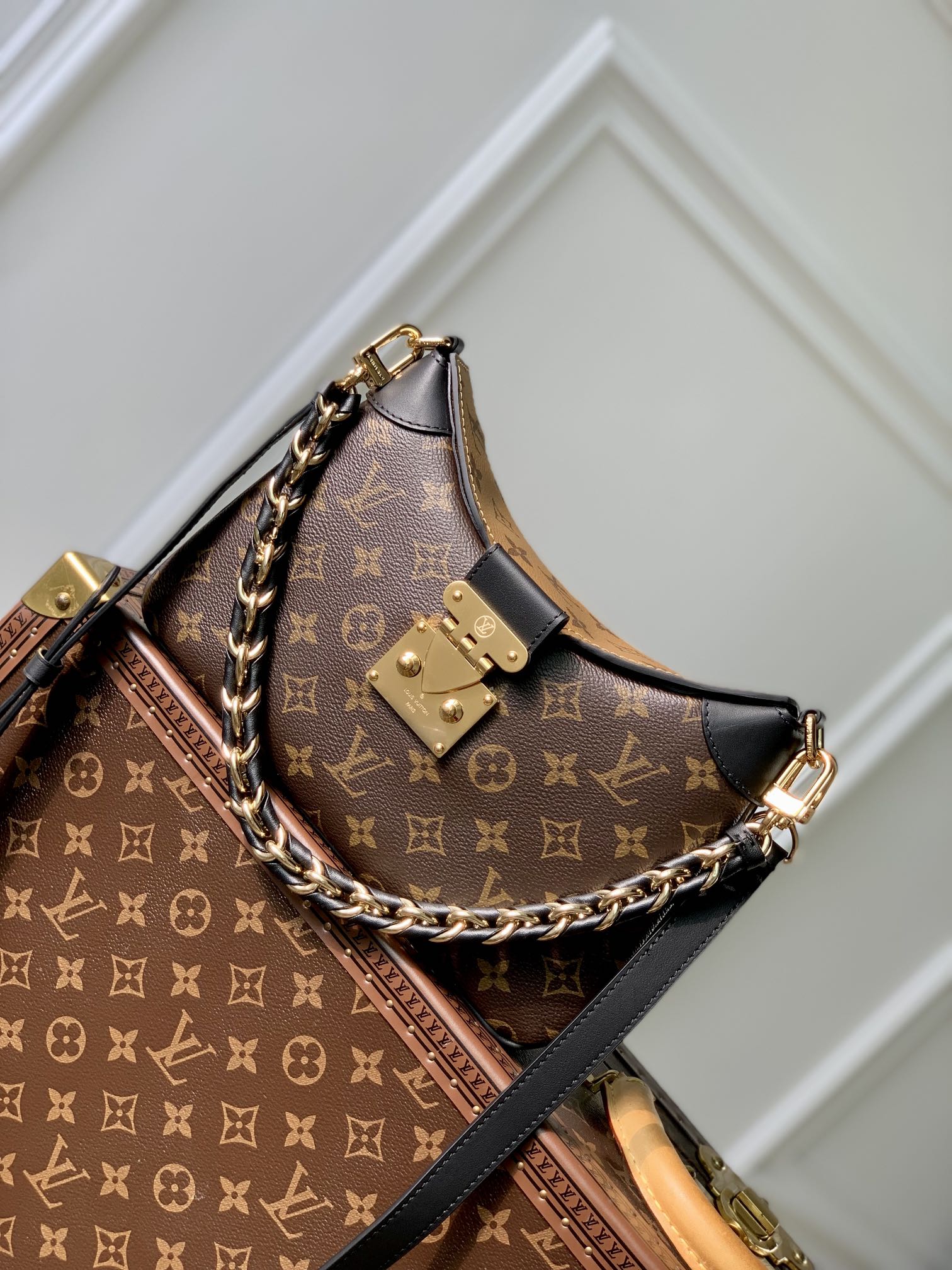 Louis Vuitton Classic Brown Monogram Shoulder Bag with Gold Chain and Lock Clasp