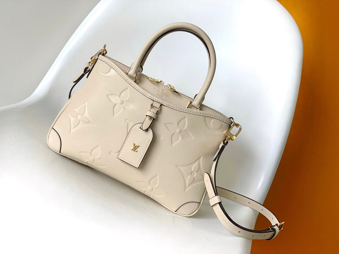 Louis Vuitton Classic Cream Embossed Textured Leather Top Handle Handbag
