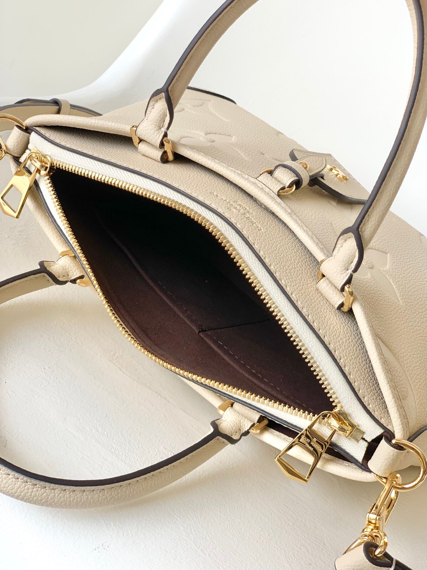 Louis Vuitton Classic Cream Embossed Textured Leather Top Handle Handbag