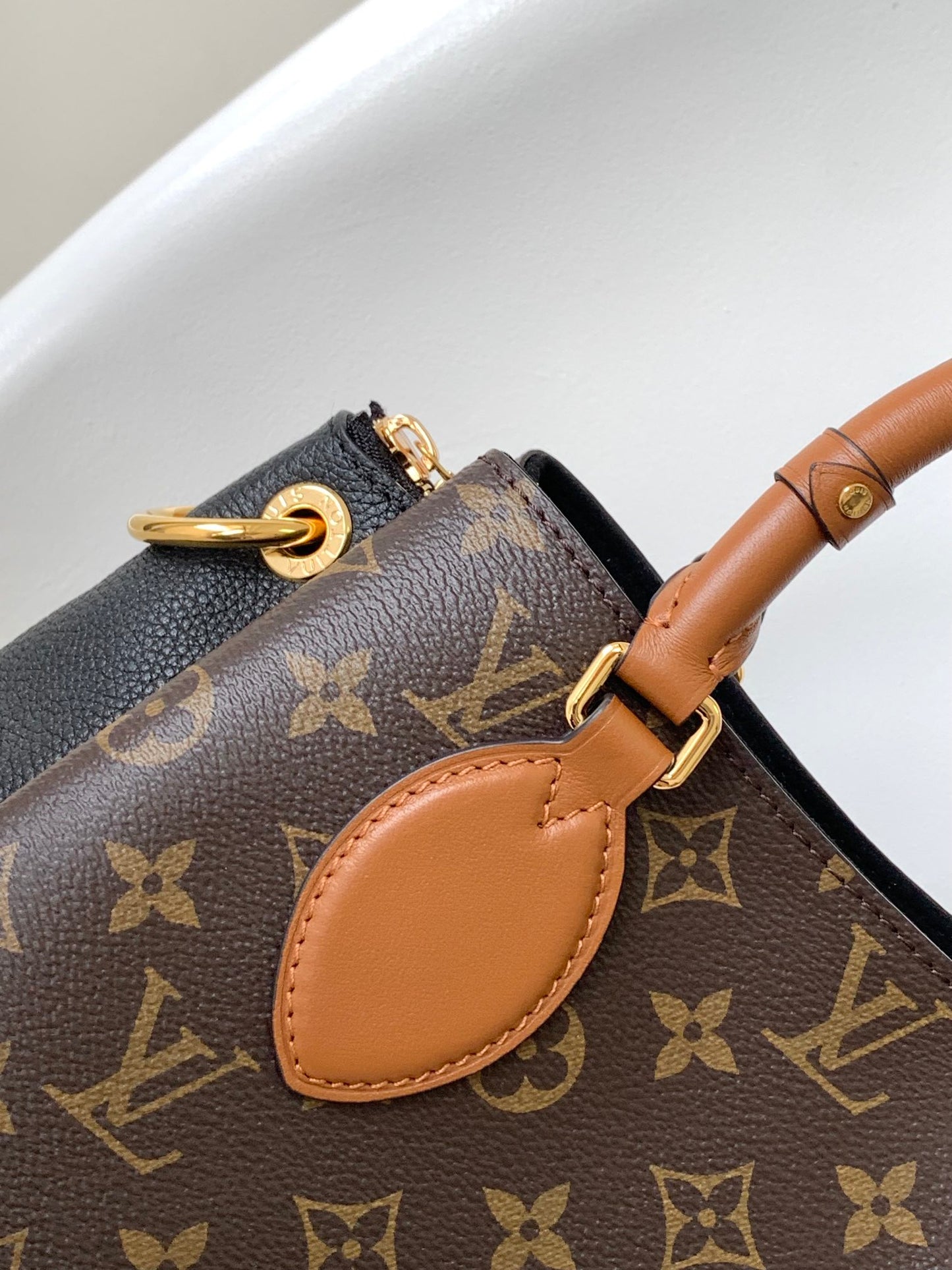 Louis Vuitton Classic Monogram Canvas Tote Handbag with Tan Leather Handles