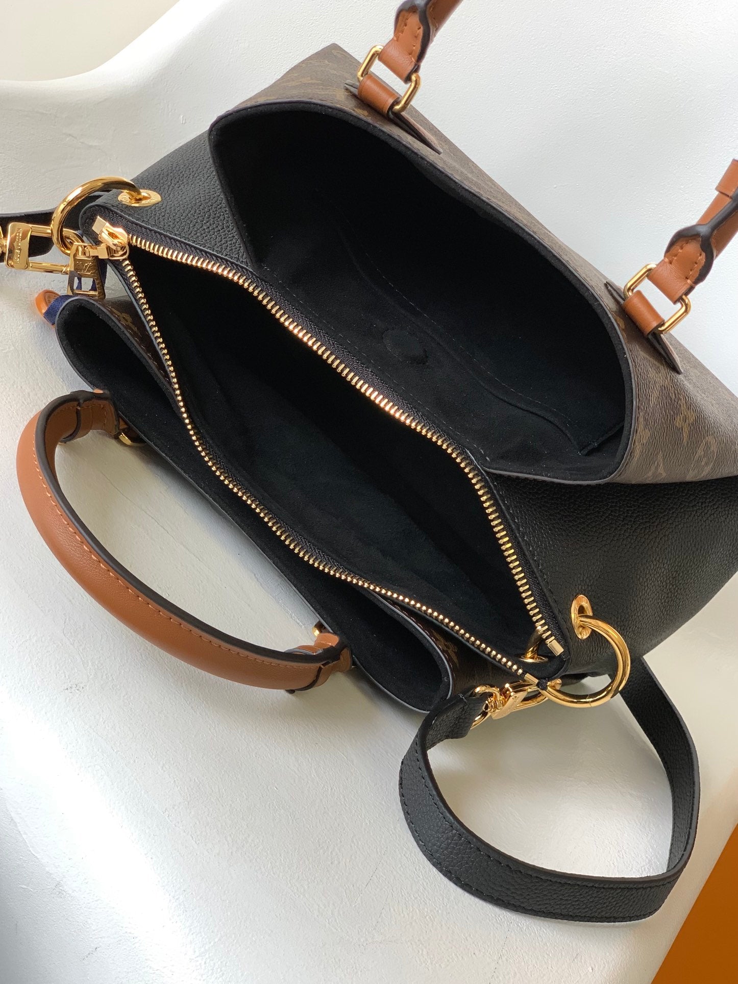 Louis Vuitton Classic Monogram Canvas Tote Handbag with Tan Leather Handles