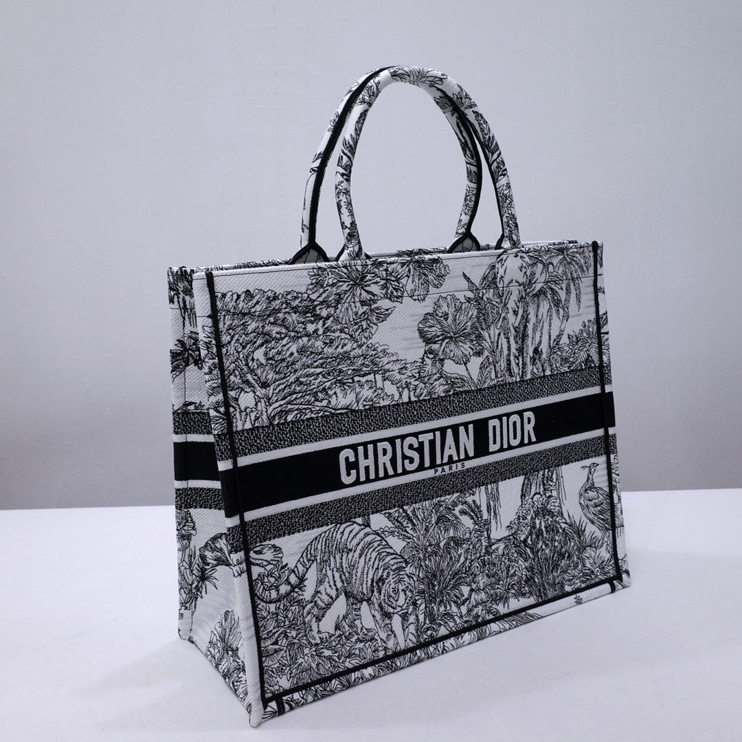 Dior Vintage Botanical Animal Print Black and White Canvas Tote Bag