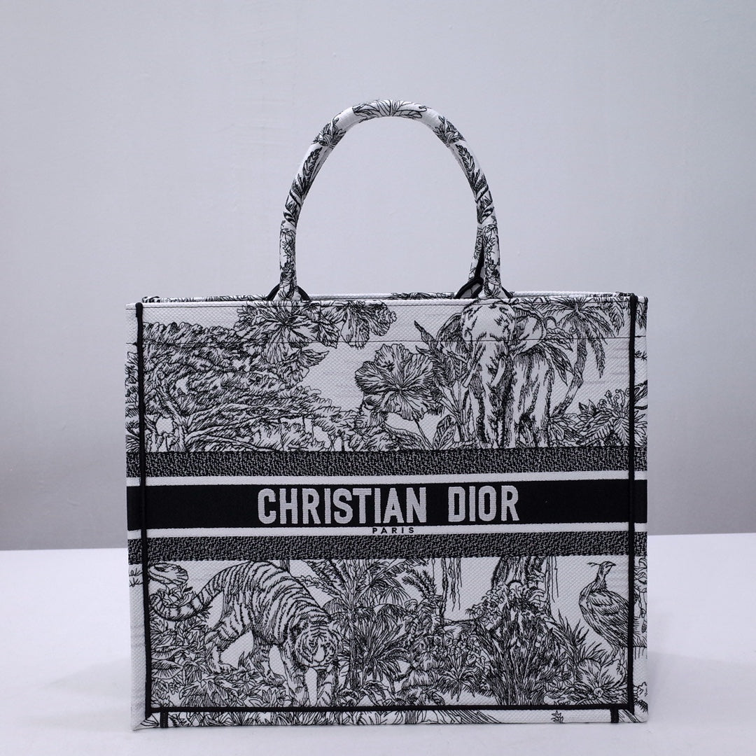 Christian Dior Large Book Tote Bag - Black and White Toile de Jouy Sauvage Embroidery