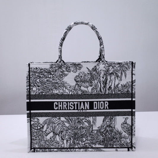 Dior Vintage Botanical Animal Print Black and White Canvas Tote Bag