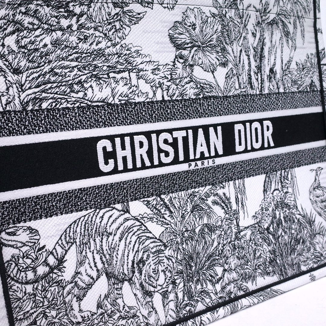 Christian Dior Large Book Tote Bag - Black and White Toile de Jouy Sauvage Embroidery