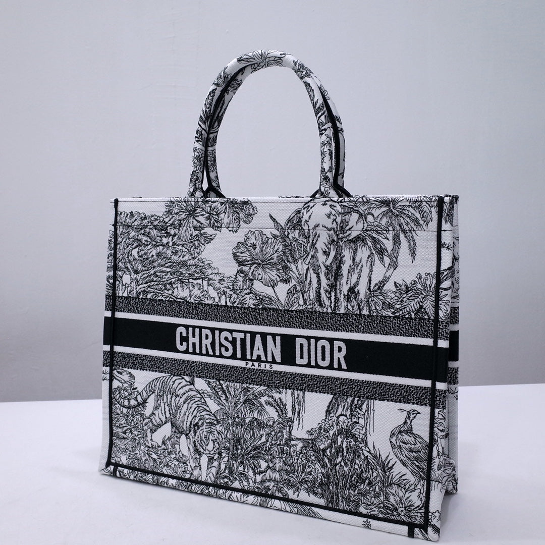 Dior Vintage Botanical Animal Print Black and White Canvas Tote Bag