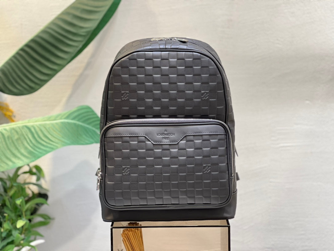 Louis Vuitton Black Woven Leather Texture Unisex Backpack with Zip Front Pocket