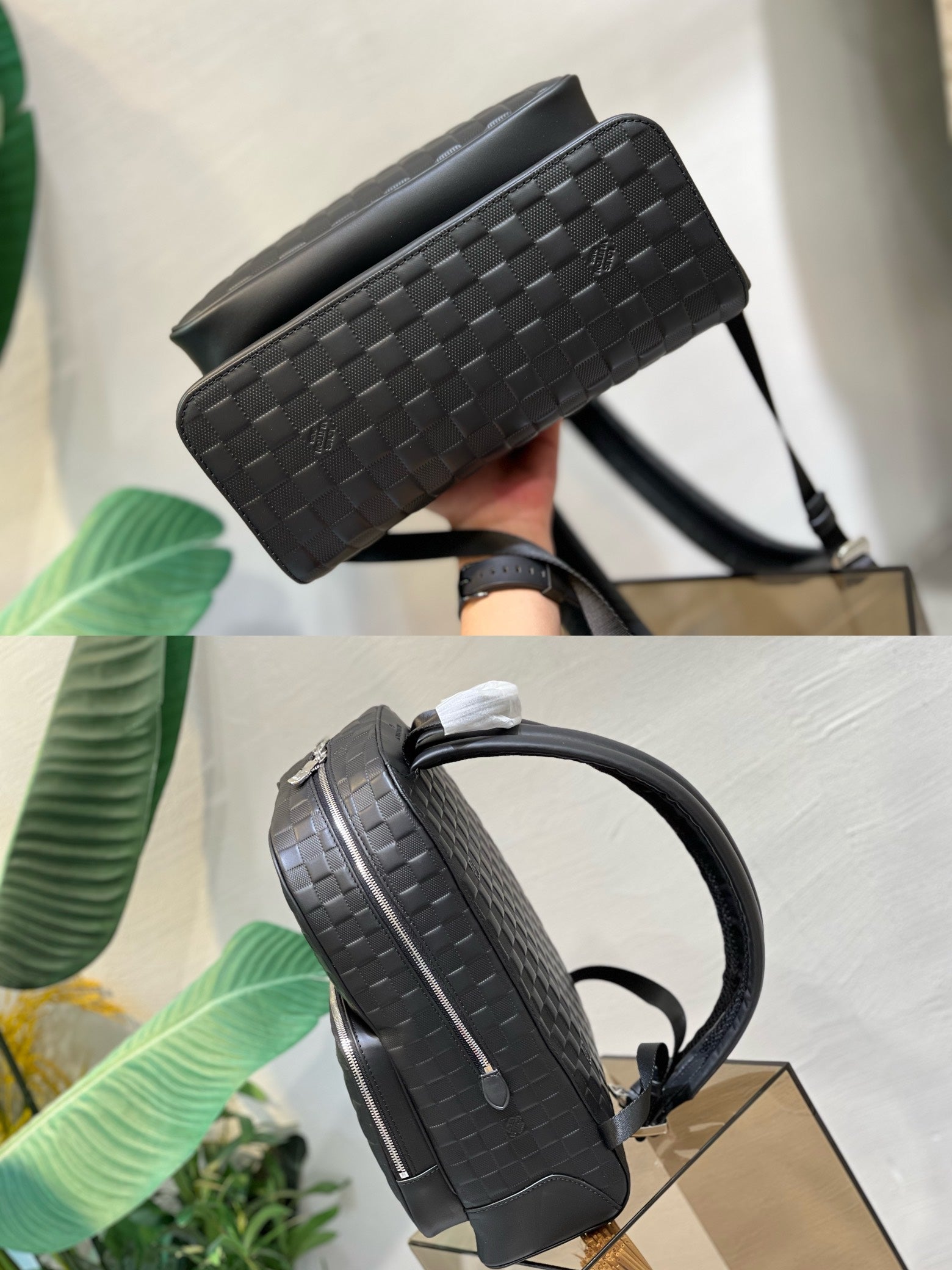 Louis Vuitton Black Woven Leather Texture Unisex Backpack with Zip Front Pocket