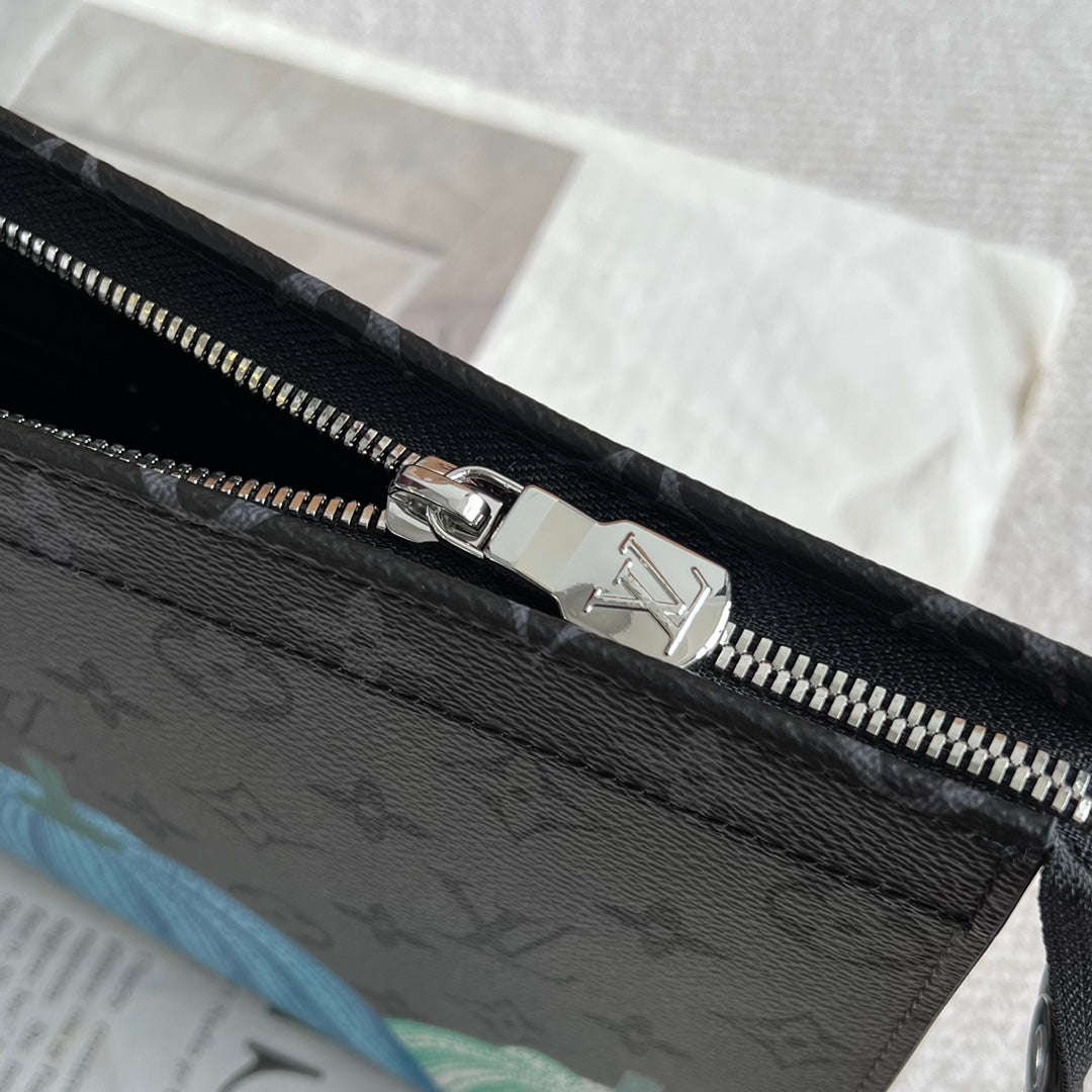 Louis Vuitton Grey Monogram Canvas Clutch Bag with Colorful Pumpkin Art