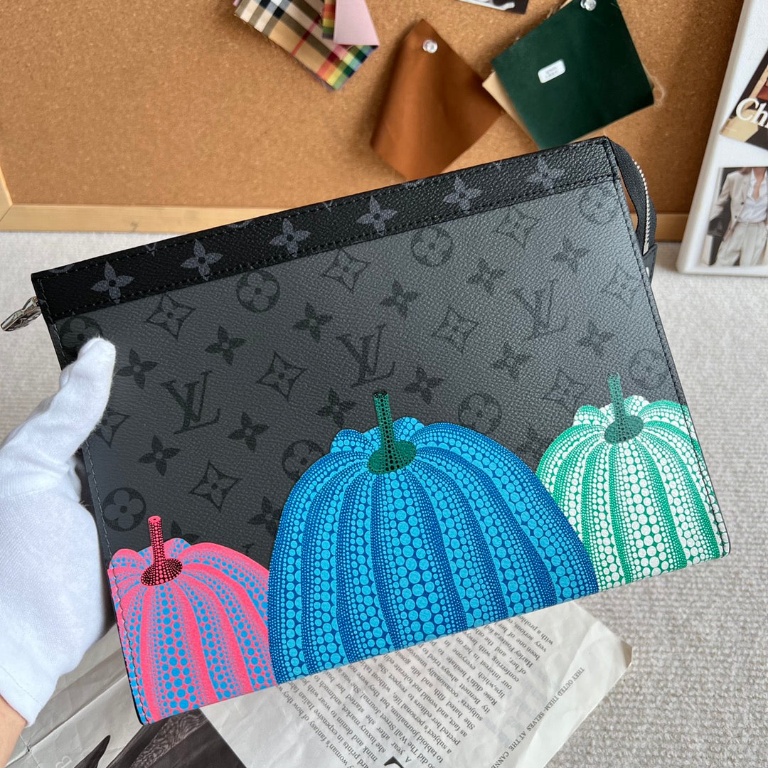 Louis Vuitton Grey Monogram Canvas Clutch Bag with Colorful Pumpkin Art