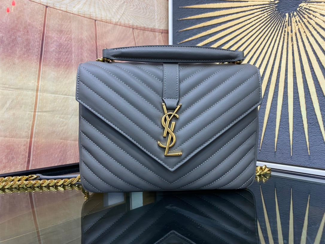 Saint Laurent College Medium in Quilted Leather Grey Gold Hardware