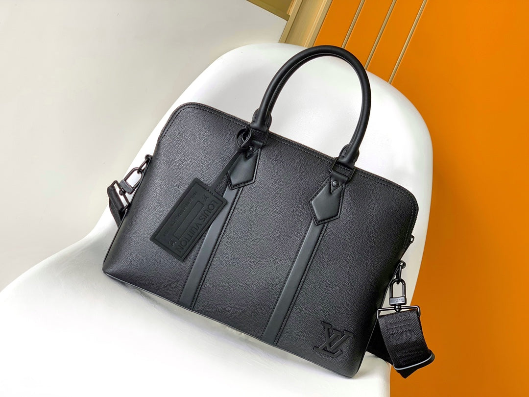 Louis Vuitton Modern Black Leather Briefcase Laptop Bag with Shoulder Strap