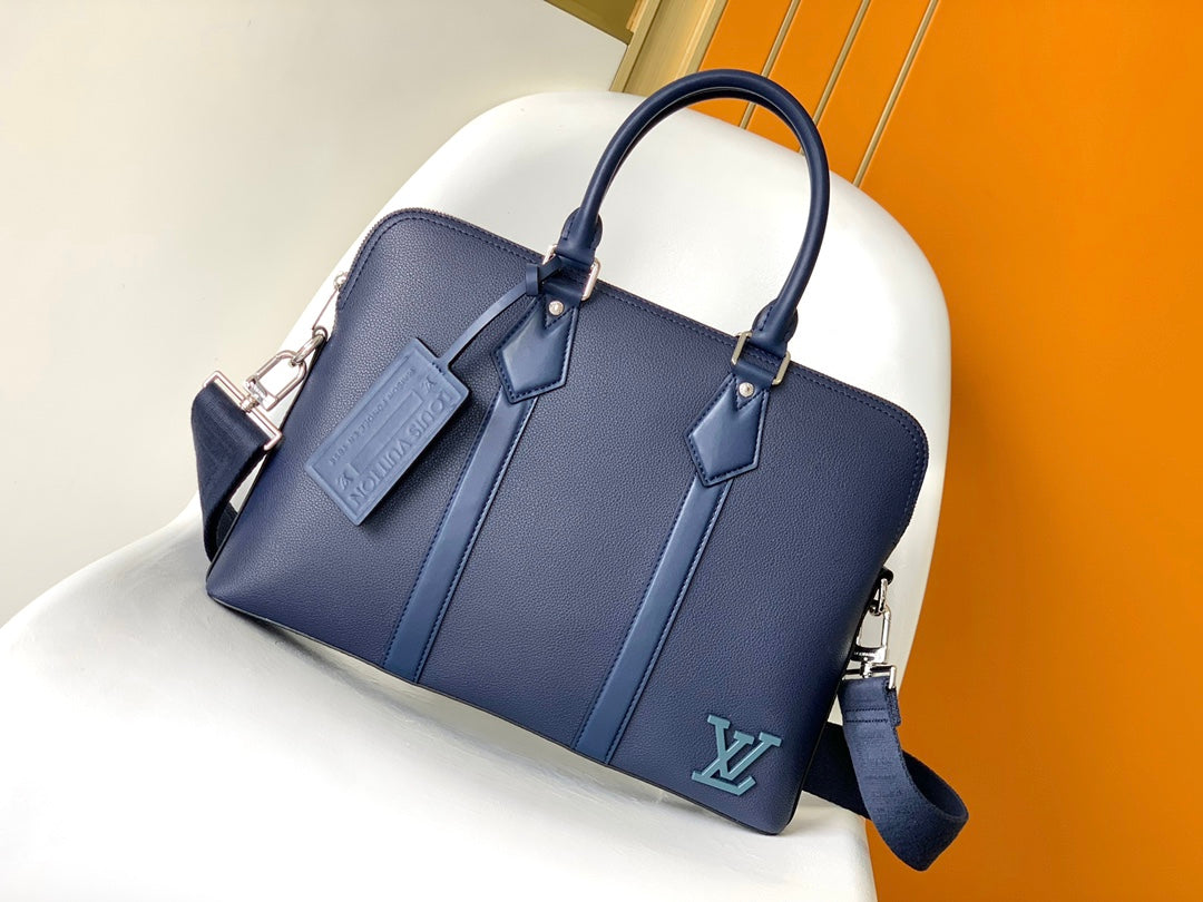Louis Vuitton Professional Navy Blue Leather Slim Briefcase Laptop Bag