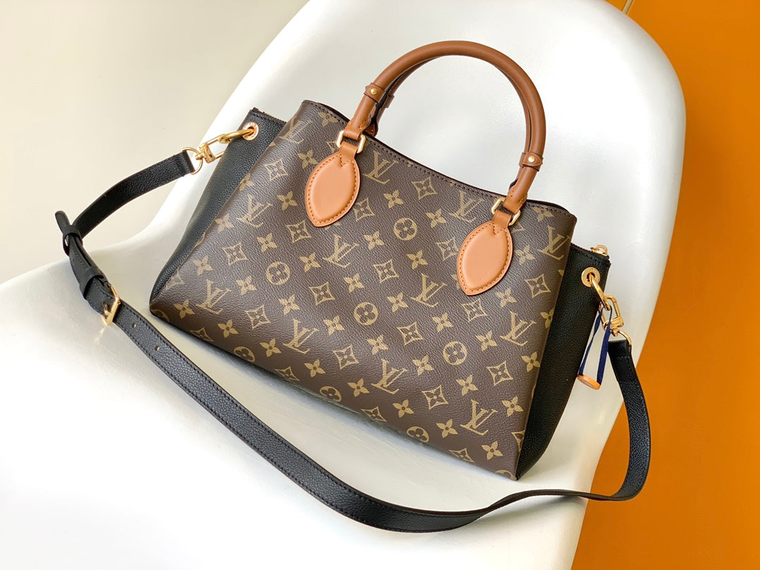 Louis Vuitton Luxury Brown Monogram Canvas Handbag with Tan Leather Handles