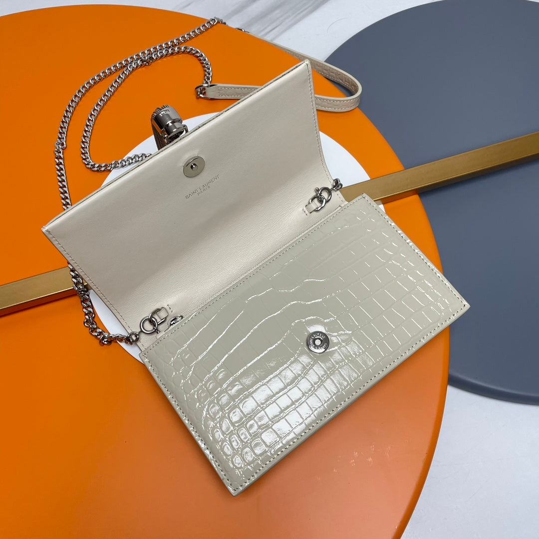 Saint Laurent Kate Small Crocodile-Embossed Leather Chain Bag - Cream