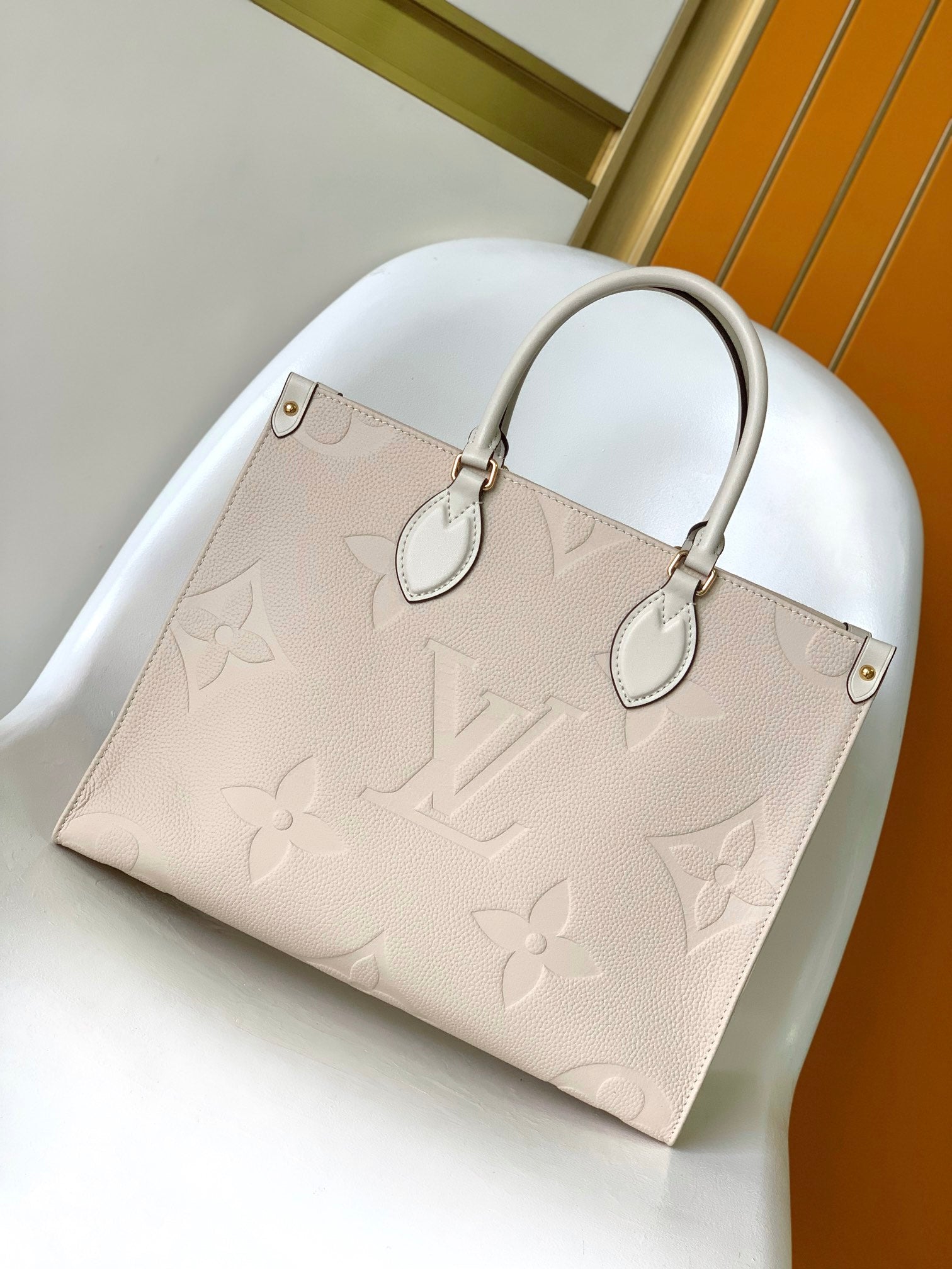 Louis Vuitton Beige Embossed Monogram Leather Tote Bag with Top Handles