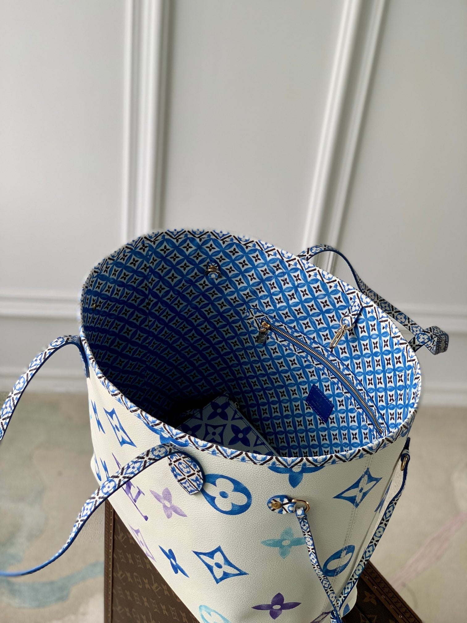 Louis Vuitton Designer White Canvas Tote Bag with Blue and Purple Monogram Print