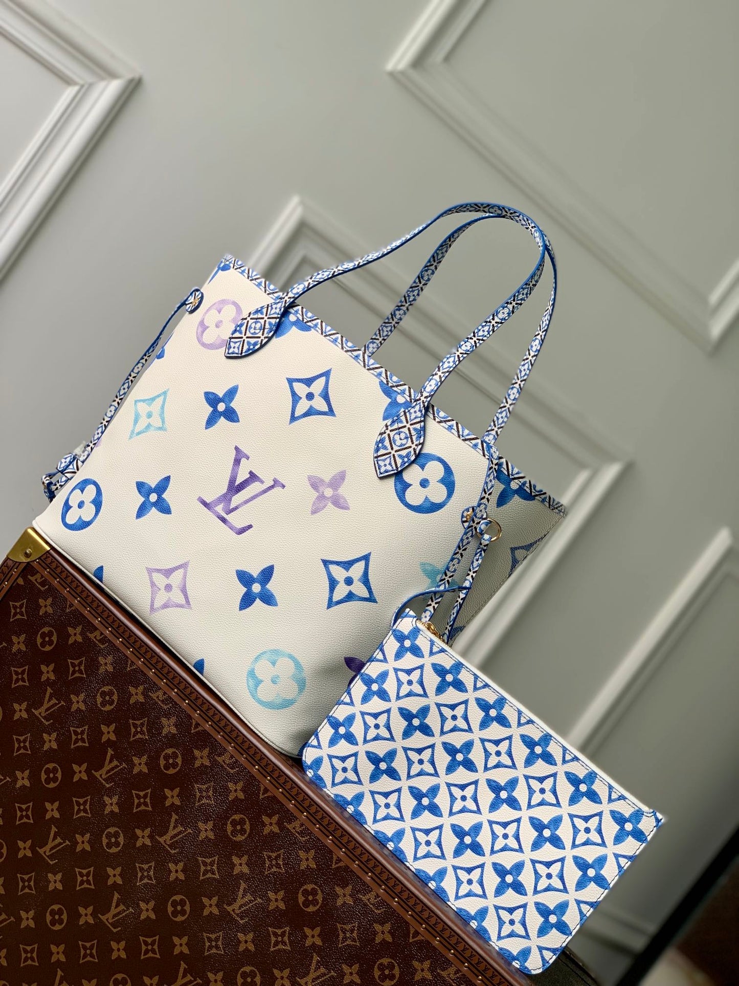 Louis Vuitton Designer White Canvas Tote Bag with Blue and Purple Monogram Print