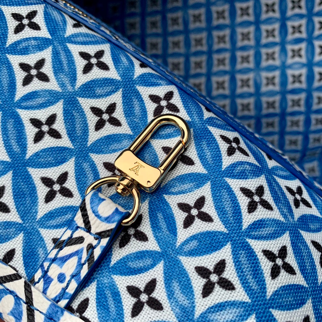 Louis Vuitton Designer White Canvas Tote Bag with Blue and Purple Monogram Print