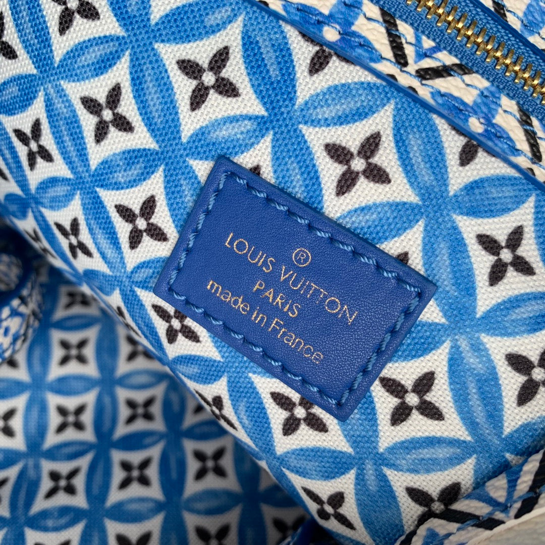 Louis Vuitton Designer White Canvas Tote Bag with Blue and Purple Monogram Print