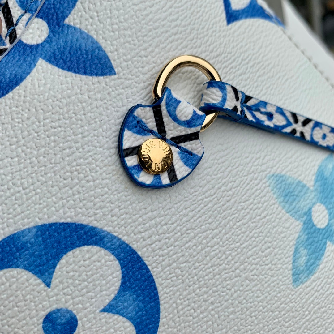 Louis Vuitton Designer White Canvas Tote Bag with Blue and Purple Monogram Print