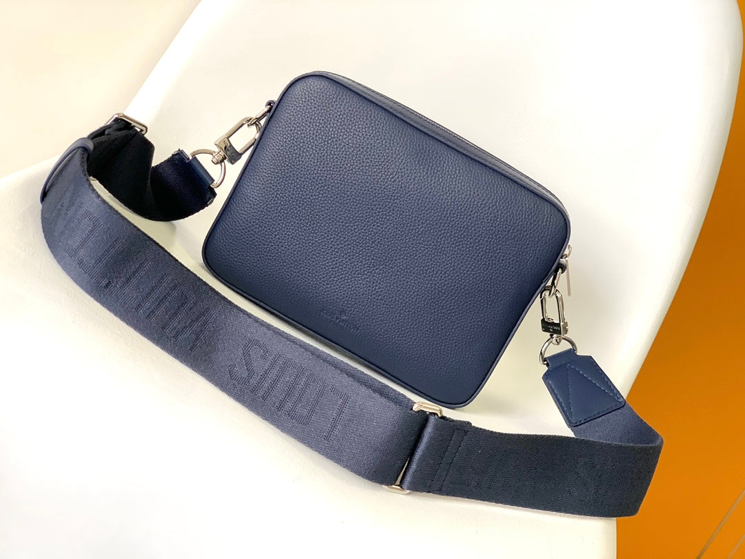 Louis Vuitton Navy Blue Compact Crossbody Messenger Bag with Wide Strap