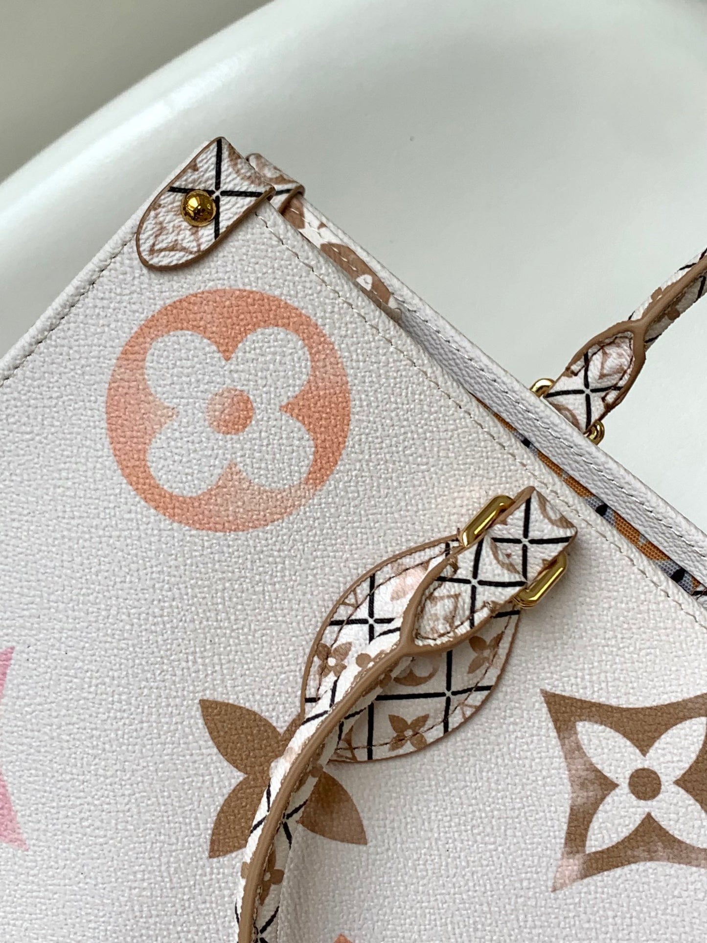 Louis Vuitton Luxury Cream Monogram Leather Tote Bag with Patterned Handles