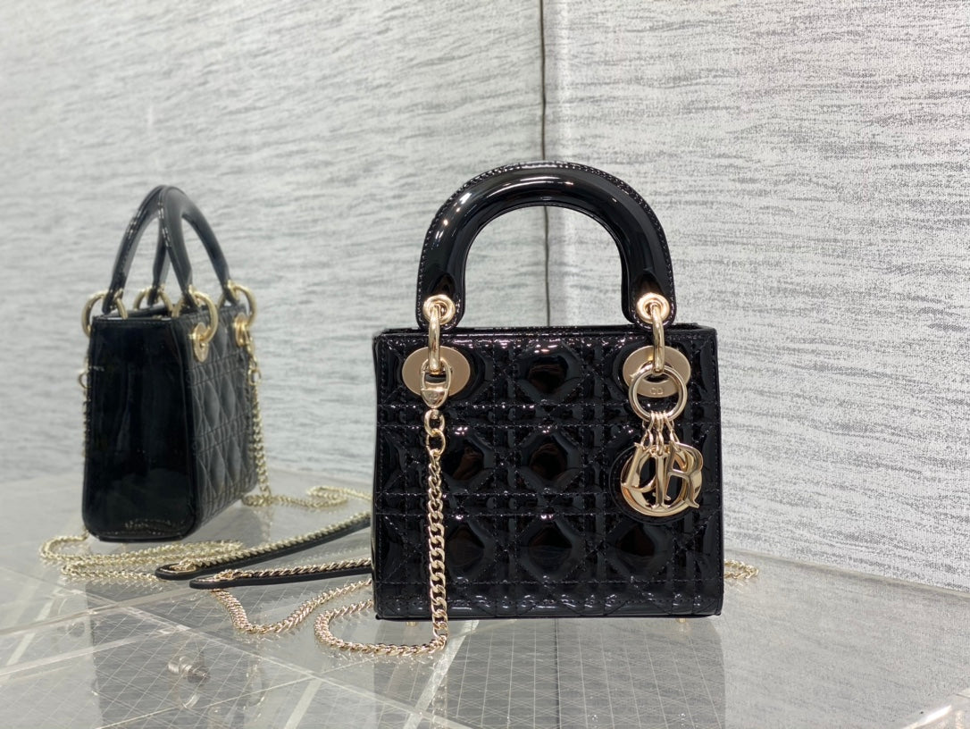 Dior Black Quilted Patent Leather Mini Top Handle Handbag with Gold Chain