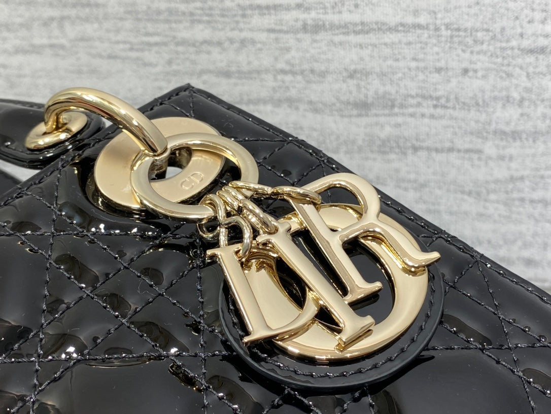 Dior Mini Quilted Black Patent Leather Top Handle Handbag with Gold Chain
