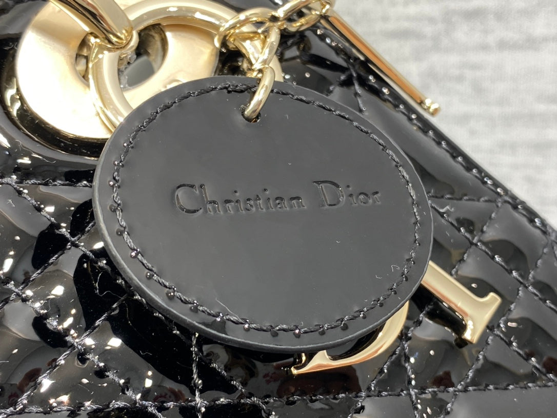 Dior Mini Quilted Black Patent Leather Top Handle Handbag with Gold Chain